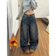 批发加绒加厚美式辣妹水洗贴布格纹弯刀<b class='q'>牛仔裤</b>男女bf休闲百搭拖地长裤
