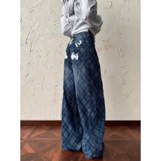 批发2026新款美式辣妹水洗贴布格纹弯刀<b class='q'>牛仔裤</b><b class='q'>男</b>女bf休闲百搭拖地长裤