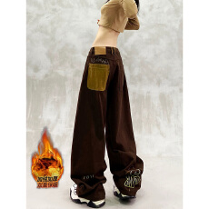 批发加绒加厚口袋拼接设计休闲<b class='q'>牛仔</b>裤女冬高腰宽松显瘦百搭直筒弯刀裤