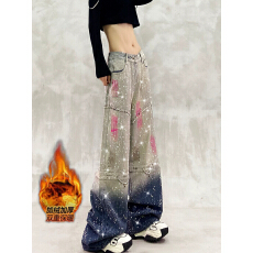 批发加绒加厚满天星烫钻彩绘渐变色<b class='q'>牛仔</b>裤女冬高腰显瘦百搭直筒阔腿裤