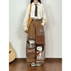 批发卡通刺绣水洗<b class='q'>牛仔</b>裤女秋冬新款美式复古宽松直筒阔腿显瘦拖地长裤