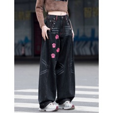 批发涂鸦时尚<b class='q'>牛仔</b>裤女2025新款秋冬裤子时髦洋气工装裤弯刀阔腿裤