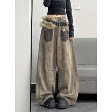 批发秋季新款设计感宽松废土风脏染印花<b class='q'>牛仔</b>裤女弯刀阔腿裤拖地长裤子