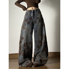 批发美式辣妹复古提花弯刀<b class='q'>牛仔</b>裤女2025冬季新款水洗宽松百搭拖地裤子