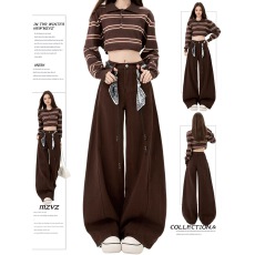 批发不配腰带美拉德咖色弯刀牛仔裤女秋冬2025新款高腰宽松阔腿直筒裤