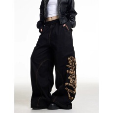 批发美式复古辣妹豹纹拼接牛仔裤女2025秋冬新款宽松阔腿<b class='q'>休闲裤</b>