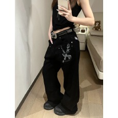 批发字母刺绣设计感黑色牛仔裤女直筒弯刀美式复古高街工<b class='q'>装</b>裤子