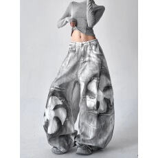 批发2025新款冬季喷漆印花休闲裤女宽松显瘦百搭直筒阔腿长裤子