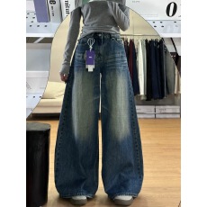 批发美式复古怀旧蓝阔腿牛仔裤女设计感高腰宽松梨形直筒裤