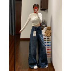 批发美式复古蓝阔腿牛仔裤女2025秋冬新款高腰宽松显瘦垂感直筒拖地裤