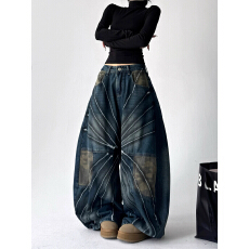 批发迷彩牛仔裤女2025年秋冬新款抓毛高腰宽松显瘦百搭弯刀裤潮