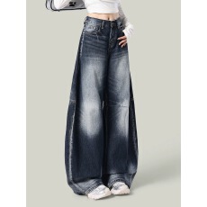 批发今年流行复古美式蓝灰牛仔<b class='q'>阔腿裤女</b>秋季辣妹显瘦垂感弯刀拖地裤子