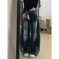 批发蓝灰色慵懒松弛风牛仔裤女小个子梨形宽松粗腿遮肉显瘦弯刀<b class='q'>阔腿裤</b>