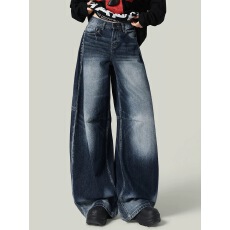 批发2025新款蓝灰色高街辣妹阔腿弯刀牛仔裤女秋季美式慵懒垂感拖地裤