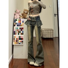 批发美式复古微喇牛仔<b class='q'>裤</b>女2025秋季新款设计感假两件花边喇叭拖地<b class='q'>裤</b>子