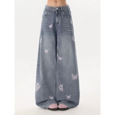 批发美式复古蝴蝶刺绣<b class='q'>牛仔裤</b>女宽松直筒宽松<b class='q'>显瘦</b>设计感阔腿裤