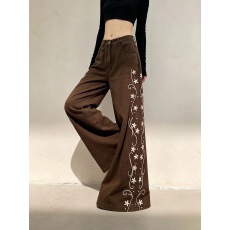 批发刺绣花设计感水洗<b class='q'>牛仔裤</b>秋冬新款高腰宽松<b class='q'>显瘦</b>百搭直筒阔腿拖地裤