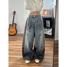 批发美式泼墨水洗做旧弯刀<b class='q'>牛仔裤</b>女2025冬季新款宽松<b class='q'>显瘦</b>阔腿裤潮