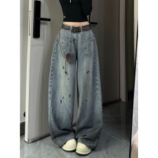 批发美式泼墨水洗做旧弯刀<b class='q'>牛仔裤</b>女2025冬季新款高腰宽松<b class='q'>显瘦</b>阔腿裤女