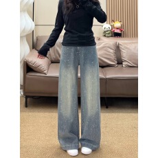 批发满天星烫钻阔腿<b class='q'>牛仔裤</b>女秋冬高腰宽松<b class='q'>显瘦</b>直筒拖地裤