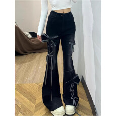 批发黑色喇叭长裤女秋冬季立体蝴蝶结设计y2k辣妹修身高腰<b class='q'>显瘦</b><b class='q'>牛仔裤</b>