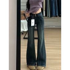 批发美式复古微喇牛仔<b class='q'>裤</b>女秋冬新款双扣高腰不贴<b class='q'>腿</b>宽松显瘦喇叭<b class='q'>裤</b>