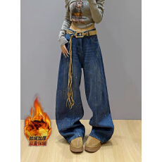 批发设计感重工<b class='q'>烫钻</b>钉珠阔腿<b class='q'>牛仔裤</b>女2025冬新款高腰复合绒加厚阔腿裤