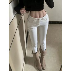 白色高腰紧身牛仔裤女秋冬新款靴裤收腰显瘦提臀小脚铅笔裤子
