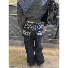 美式复古豹纹拼接口袋牛仔裤男女cleanfit街头宽松休闲情侣阔腿裤