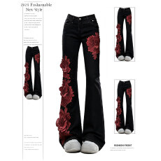 批发美式复古黑色微喇<b class='q'>牛仔裤</b>女秋冬新款设计感玫瑰拼接y2k辣妹长裤子