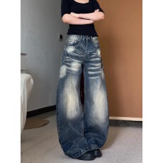 批发美式高街复古做旧弯刀<b class='q'>牛仔裤</b>女秋季新款宽松休闲阔腿拖地裤子