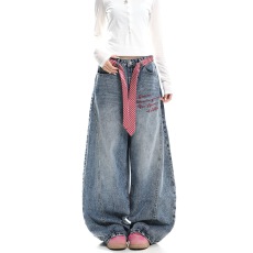 批发美式复古字母刺绣弯刀<b class='q'>牛仔裤</b>女2026秋季新款百搭绑带阔腿裤弯刀裤