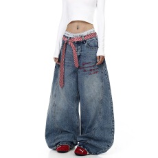 批发美式复古字母刺绣绑带弯刀<b class='q'>牛仔裤</b>男女设计感宽松阔腿裤