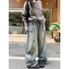 批发美式复古卡通小狗刺绣贴布<b class='q'>牛仔裤</b>女秋冬新款宽松显瘦直筒阔腿长裤