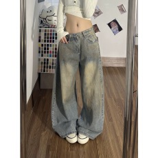 批发废土风脏染做旧牛仔裤裤子女款2026<b class='q'>春</b>季新款高街宽松阔腿裤弯刀裤