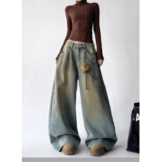 批发水洗做旧牛仔裤女206<b class='q'>春</b>秋季新款复古喷脏潮牌宽松直筒阔腿裤子潮