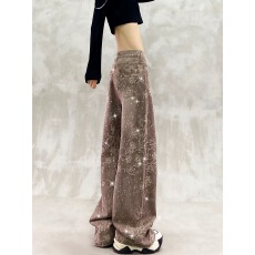 批发满天星烫钻印花休闲牛仔裤女<b class='q'>秋</b>新款高腰宽松显瘦百搭直筒阔腿裤潮