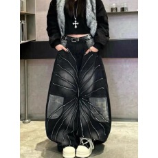 批发大码美式复古迷彩拼接弯刀牛仔裤男女街头设计感宽松百搭阔腿长裤