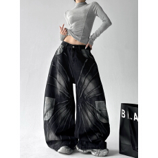 批发美式街头水洗迷彩拼接弯刀牛仔裤女2026新款个性宽松阔腿长裤