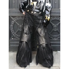 批发重工结构拼接毛边喇叭牛仔裤子女2026春<b class='q'>秋</b>新款宽松做旧擦色阔腿裤