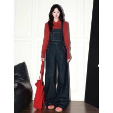 批发美式复古深蓝牛仔<b class='q'>背带裤</b>女秋季超火宽松减龄连体阔腿裤