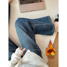 批发<b class='q'>冬</b>季加绒加厚水洗蓝色星星烫钻牛仔裤新款直筒韩版百搭高腰休闲裤