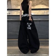 批发美式复古双腰头字母豹纹拼接弯刀牛仔裤男女百搭阔腿裤