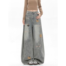 批发美式卡通刺绣牛仔裤女春<b class='q'>秋</b>新款设计感宽松百搭水洗复古阔腿长裤子