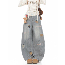 批发美式卡通刺绣牛仔裤女春<b class='q'>秋</b>新款设计感宽松百搭水洗复古阔腿长裤子