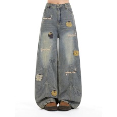 批发复古植绒小狗水洗牛仔裤女春<b class='q'>秋</b>新款高腰拼接宽松直筒阔腿裤