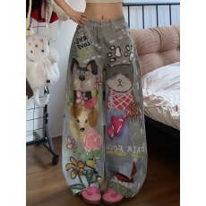 批发韩版复古趣味猫狗手绘涂鸦牛仔裤男女街头宽松直筒阔腿长裤潮