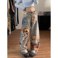 彩色数码印花设计休闲牛仔裤女春新款高腰宽松显瘦百搭直筒阔腿裤