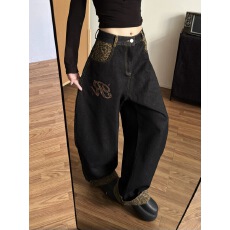 批发设计感豹纹拼接弯刀<b class='q'>牛仔</b>裤裤子女款2026春季新款高腰垂感阔腿长裤