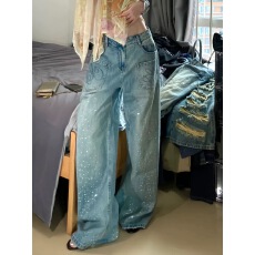批发设计感重工满天星烫钻<b class='q'>牛仔</b>裤女2026春街头宽松阔腿拖地裤